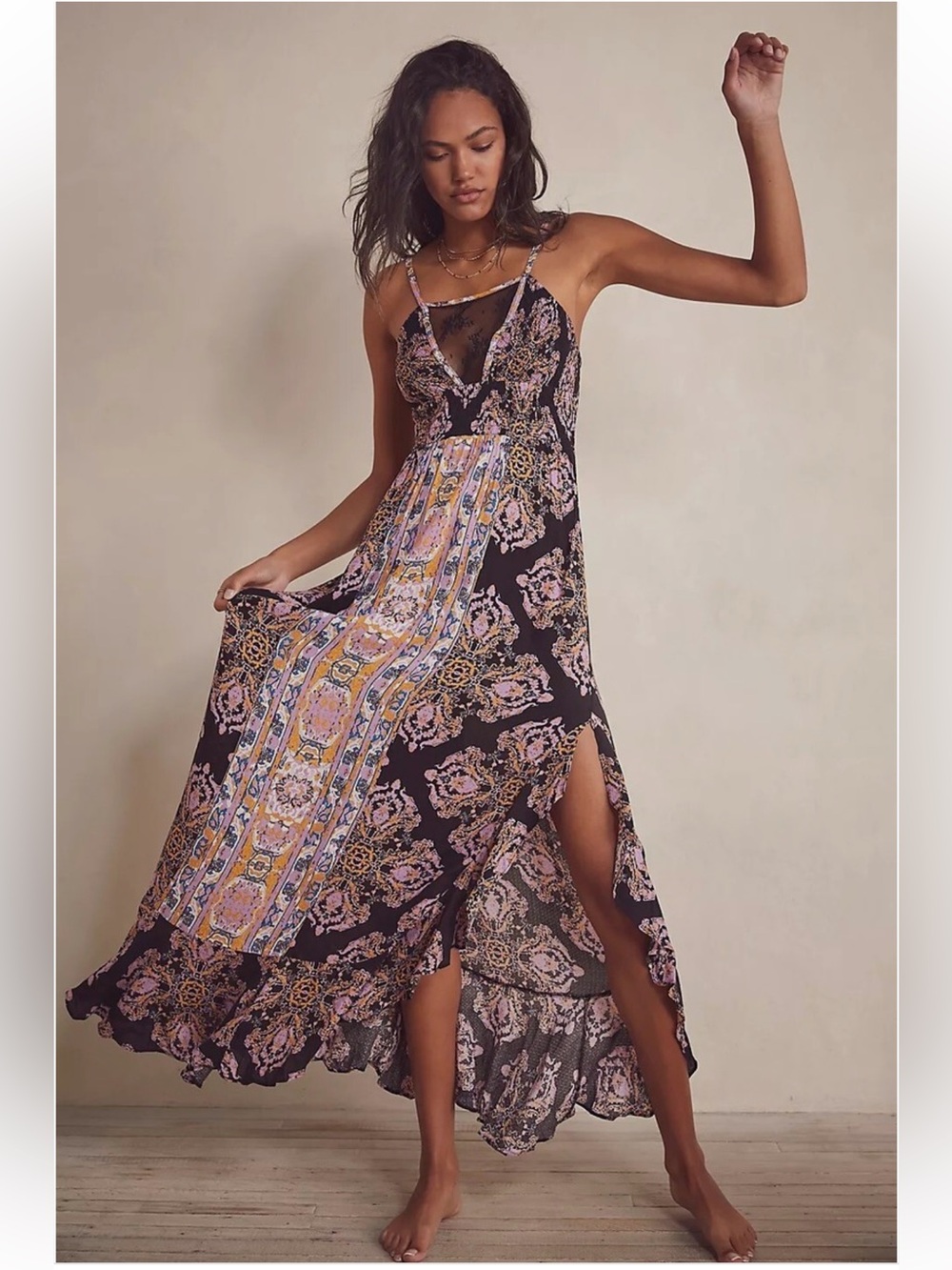 Free People That Moment Mixed Floral Print Lace Detail Ruffle Hem Maxi Dress• M